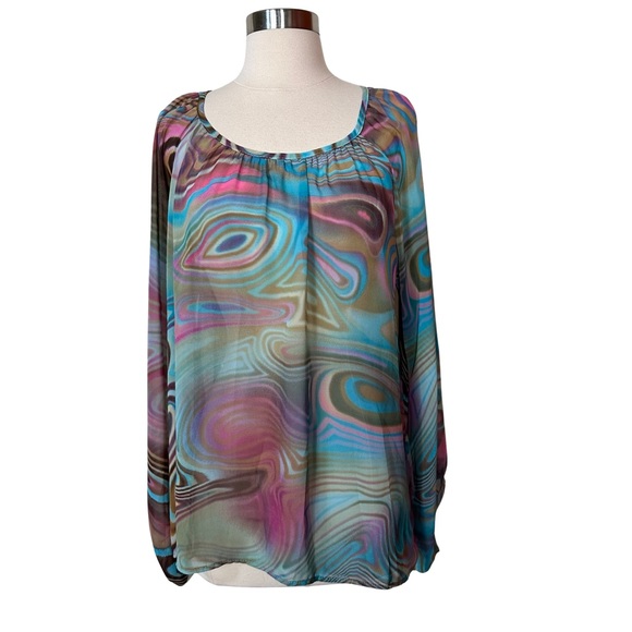 Private Gallery Trippy Colorful Rainbow Semi Sheer Scoop Neck Swirl Blouse Top M - Picture 2 of 8
